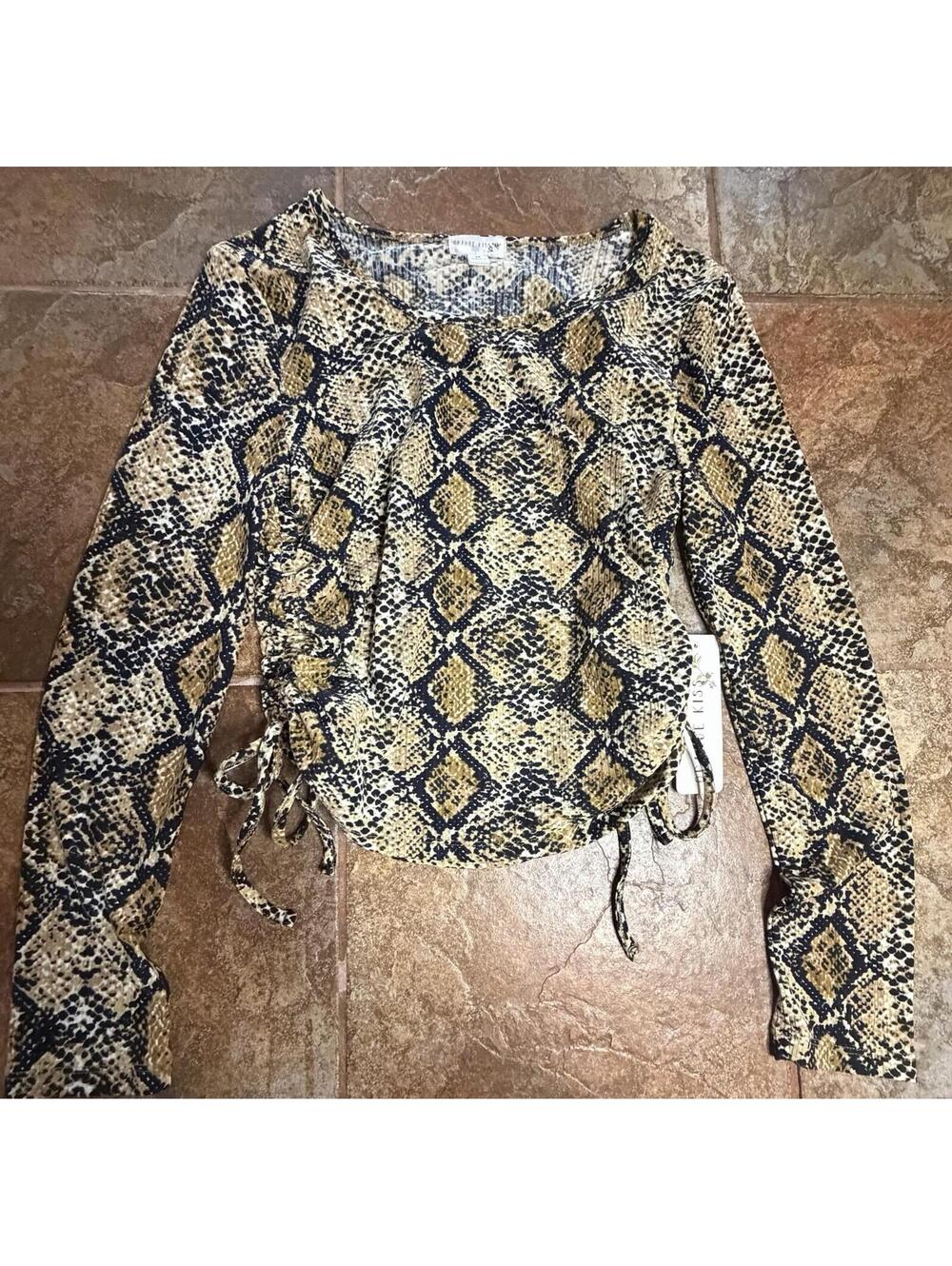 Orange Kiss Snake Print Long Sleeve Top Ruched Sides NWT, Size Medium